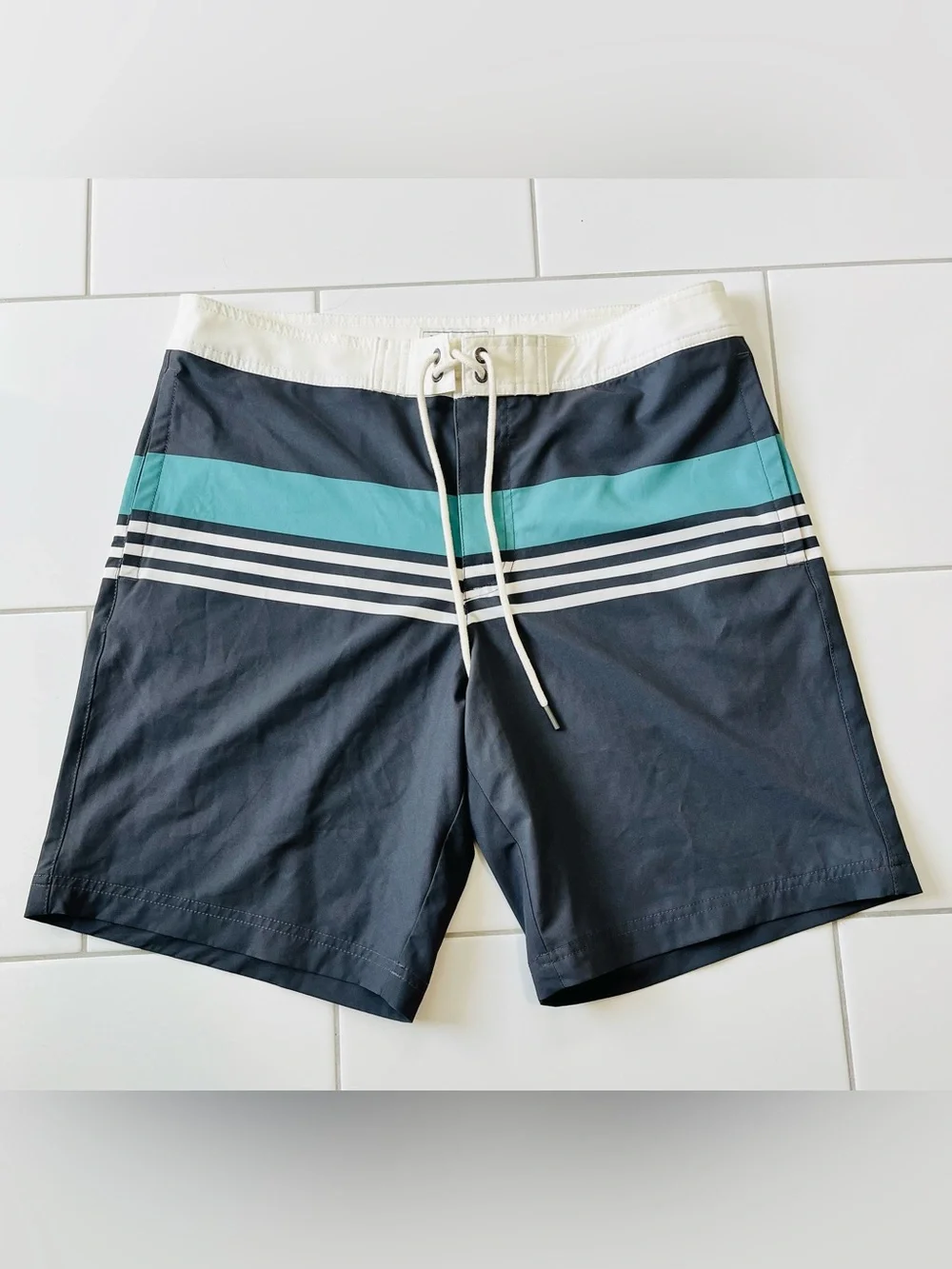 American Eagle Outfitters Navy Swim Shorts with Teal Stripe and White Waist